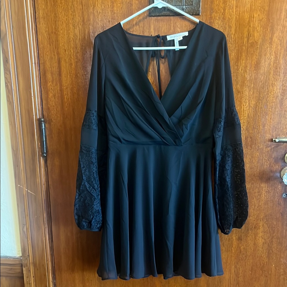 BCBGeneration Black Cocktail Dress with Bishop Sleeves and V-Neck